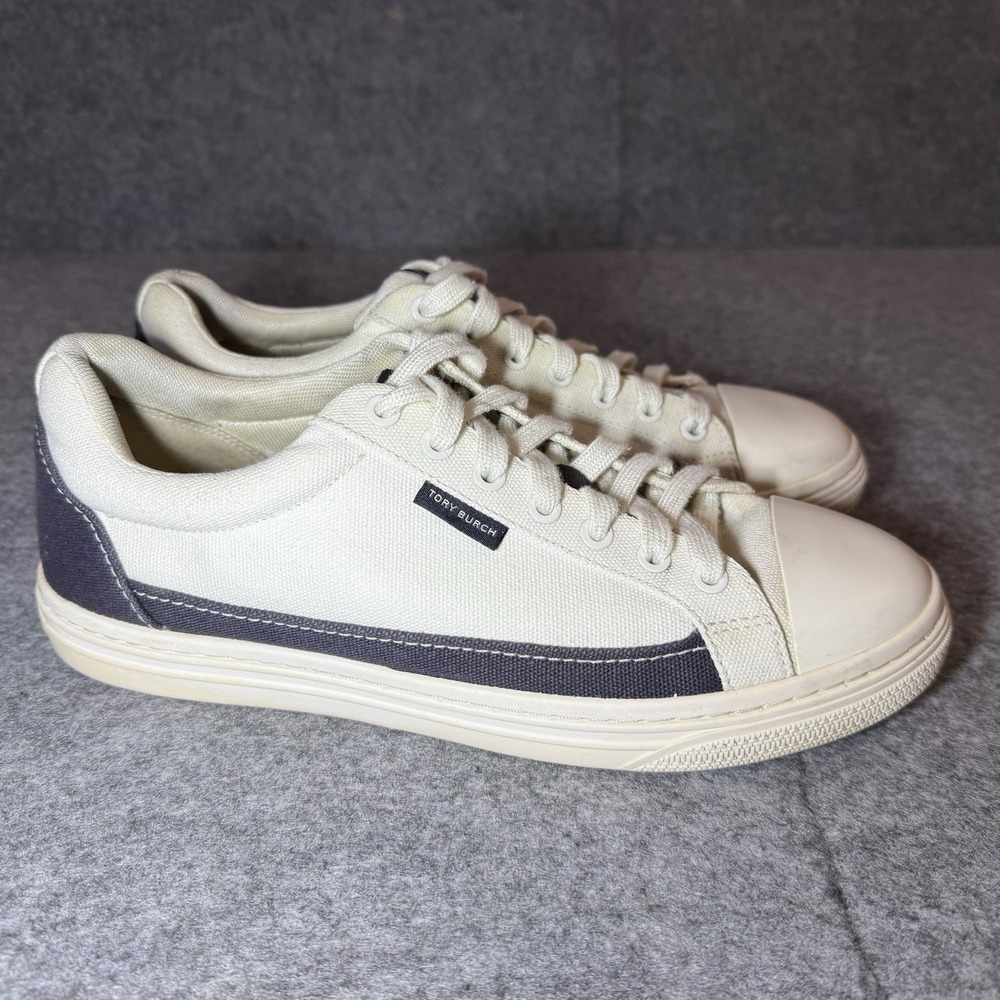 Tory Burch Size 9.5 Womens Classic Court Sneaker, Ivory Canvas/ Perfect Navy - Picture 2 of 9